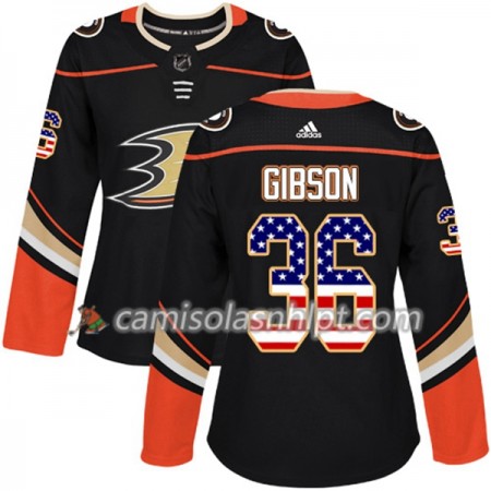 Camisola Anaheim Ducks John Gibson 36 Adidas 2017-2018 Preto USA Flag Fashion Authentic - Mulher